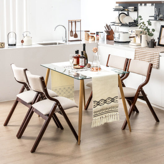 Set of 2 Wooden Folding Dining Chair with Linen Fabric Padded Seat and Backrest-Natural