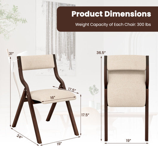 Set of 2 Wooden Folding Dining Chair with Linen Fabric Padded Seat and Backrest-Natural