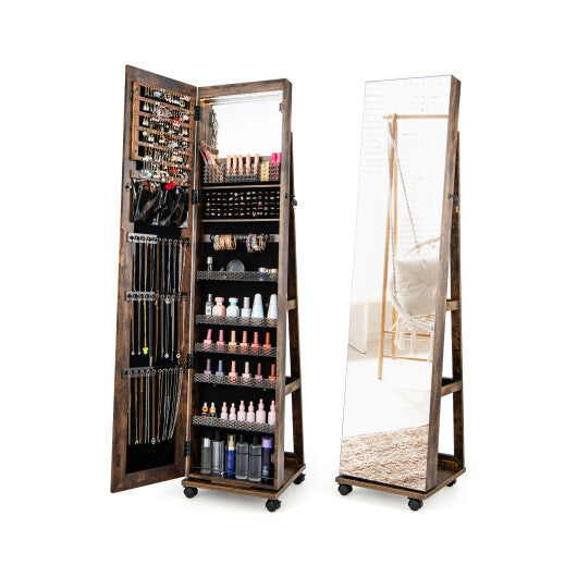 64 Inches Lockable Jewelry Cabinet Armoire with Built-in Makeup Mirror-Brown