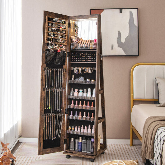 64 Inches Lockable Jewelry Cabinet Armoire with Built-in Makeup Mirror-Brown