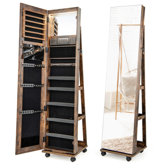 64 Inches Lockable Jewelry Cabinet Armoire with Built-in Makeup Mirror-Brown