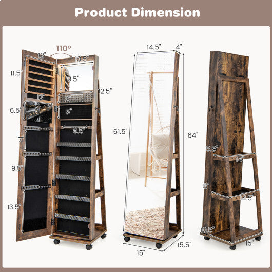 64 Inches Lockable Jewelry Cabinet Armoire with Built-in Makeup Mirror-Brown