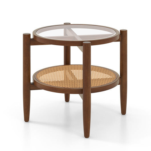 Rattan Round Side End Table with Tempered Glass Tabletop-Black