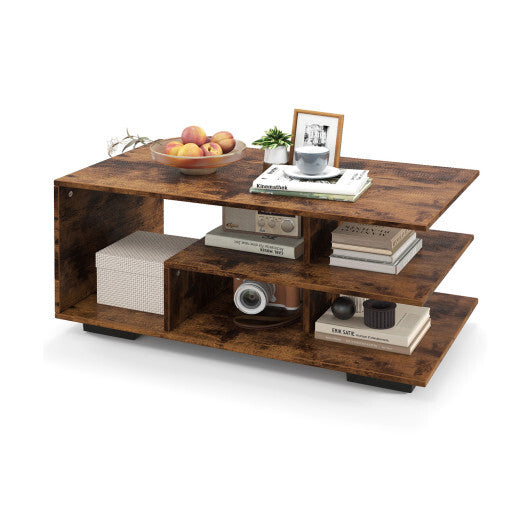 Rectangular Coffee Table with L-shaped Middle Shelf-White