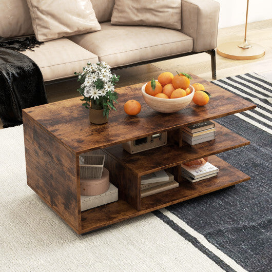 Rectangular Coffee Table with L-shaped Middle Shelf-White
