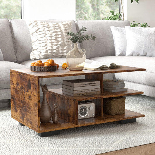 Rectangular Coffee Table with L-shaped Middle Shelf-White