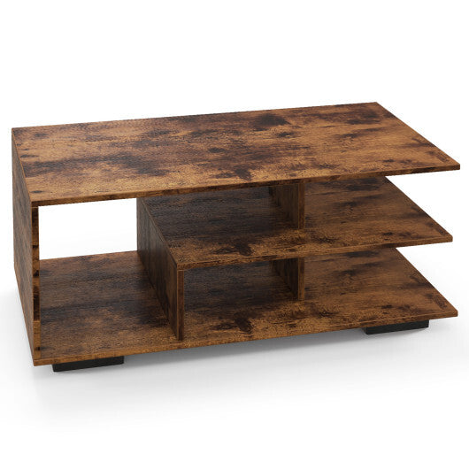 Rectangular Coffee Table with L-shaped Middle Shelf-White
