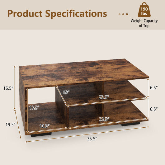 Rectangular Coffee Table with L-shaped Middle Shelf-White