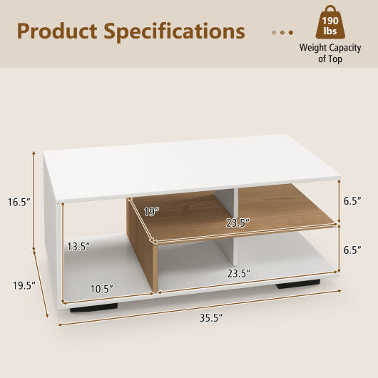Rectangular Coffee Table with L-shaped Middle Shelf-White