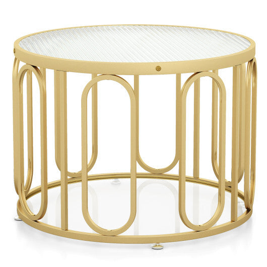 24 Inch Round Coffee Table with Reeded Tempered Glass Top and Oval Swivel Brackets-Black