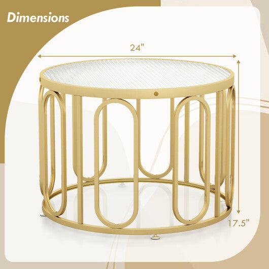 24 Inch Round Coffee Table with Reeded Tempered Glass Top and Oval Swivel Brackets-Black