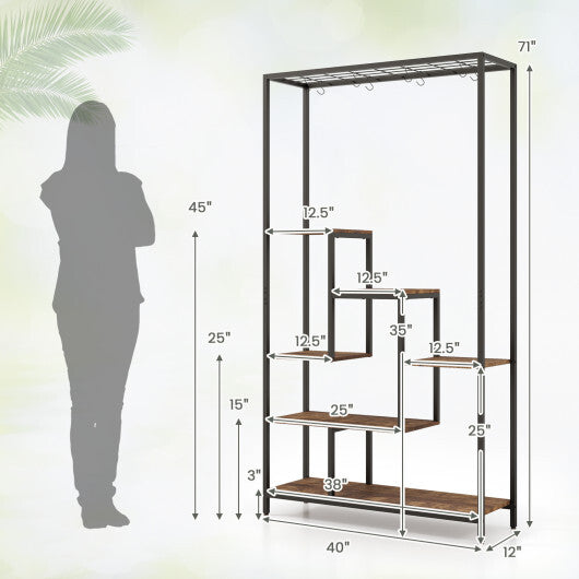 6-Tier Tall Plant Stand 71" Metal Indoor Plant Shelf with 10 Hanging Hooks-Rustic Brown