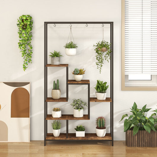 6-Tier Tall Plant Stand 71" Metal Indoor Plant Shelf with 10 Hanging Hooks-Rustic Brown
