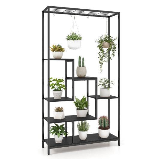 6-Tier Tall Plant Stand 71" Metal Indoor Plant Shelf with 10 Hanging Hooks-Rustic Brown