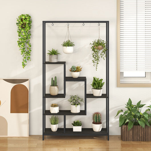 6-Tier Tall Plant Stand 71" Metal Indoor Plant Shelf with 10 Hanging Hooks-Rustic Brown