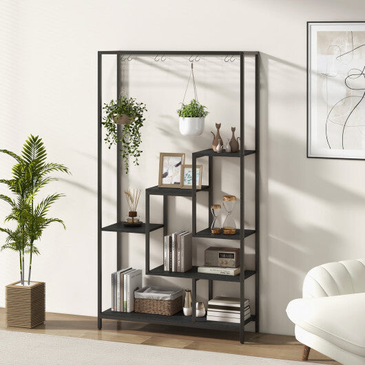 6-Tier Tall Plant Stand 71 Inch Metal Indoor Plant Shelf with 10 Hanging Hooks-Rustic Brown