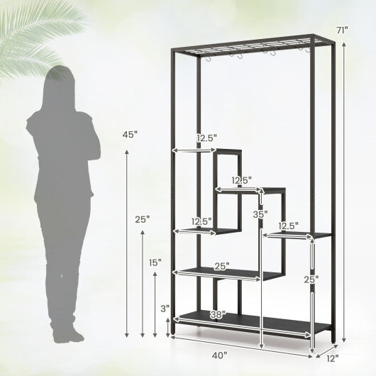 6-Tier Tall Plant Stand 71" Metal Indoor Plant Shelf with 10 Hanging Hooks-Rustic Brown