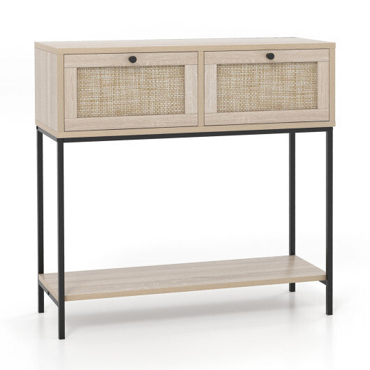 Rattan Console Table Boho Entryway Table with 2 Rattan Drawers and Open Storage Shelf-Rustic Brown