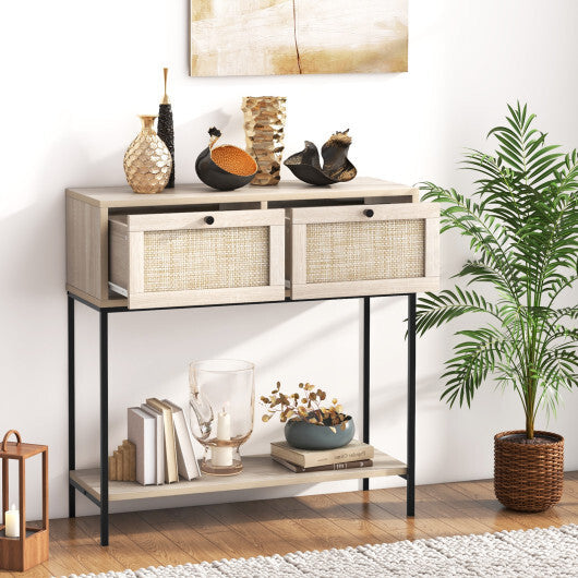 Rattan Console Table Boho Entryway Table with 2 Rattan Drawers and Open Storage Shelf-Rustic Brown