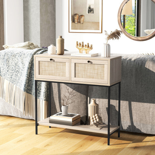 Rattan Console Table Boho Entryway Table with 2 Rattan Drawers and Open Storage Shelf-Rustic Brown