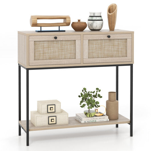 Rattan Console Table Boho Entryway Table with 2 Rattan Drawers and Open Storage Shelf-Rustic Brown