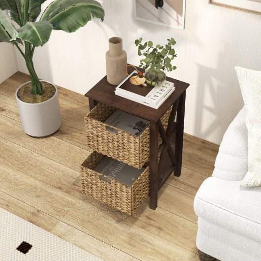 3/4-Tier Nightstand with 2/3 Seagrass Baskets Narrow X-Design-4 Tier