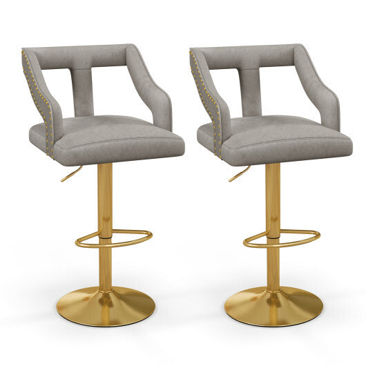 Set of 2 Bar Chairs with Footrest and 2-Layer Electroplated Metal Base-Pink