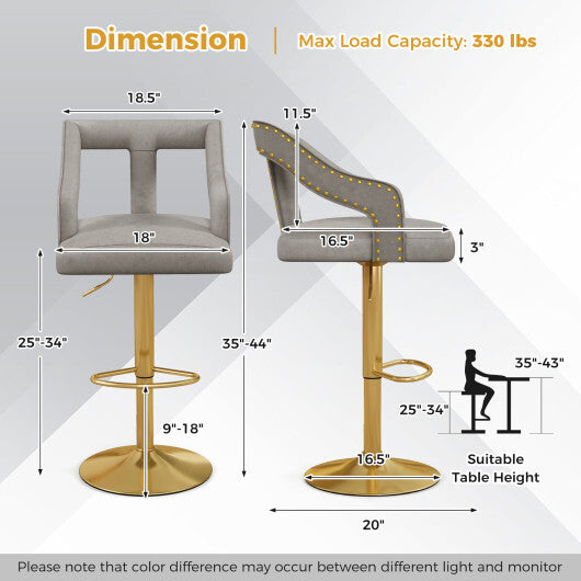 Set of 2 Bar Chairs with Footrest and 2-Layer Electroplated Metal Base-Pink