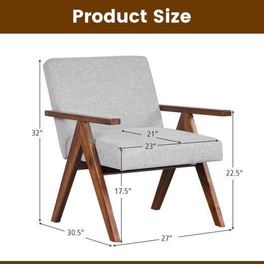 Modern Accent Chair Linen Fabric Armchair with Solid Acacia Wood Frame-Beige