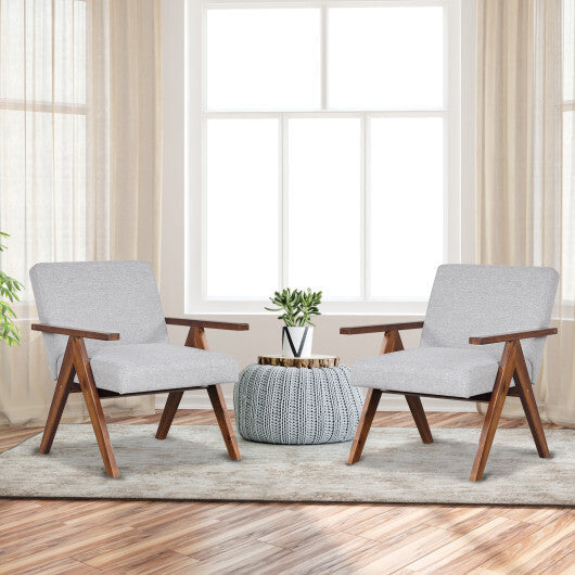 Modern Accent Chair Linen Fabric Armchair with Solid Acacia Wood Frame-Beige