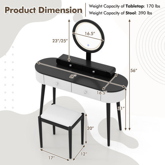 Makeup Vanity Table Set with LED Mirror and 3 Spacious Drawers-White and Black