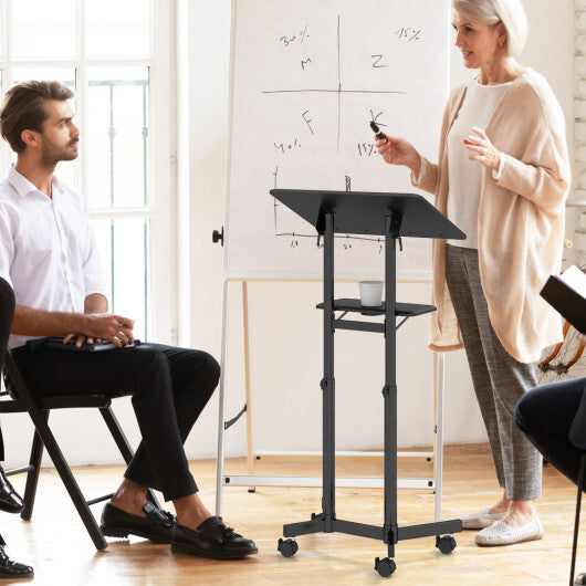 Mobile Lectern Podium Height-adjustable Rolling Laptop Cart with Tilting Top Storage Tray-White