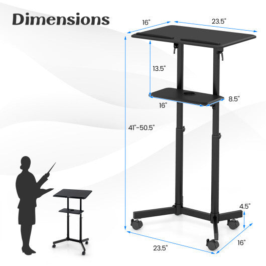 Mobile Lectern Podium Height-adjustable Rolling Laptop Cart with Tilting Top Storage Tray-White