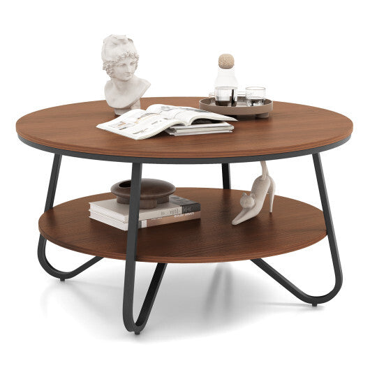 33.5" Round Coffee Table with Wood Grain Finish and Heavy-duty Metal Frame-Walnut