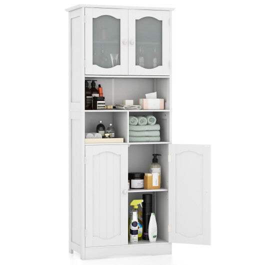 58.5 Inch Freestanding Linen Bathroom Storage Cabinet with Frost Glass Doors-Black