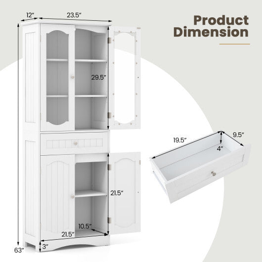 63 Inch Tall Bathroom Storage Cabinet with 2 Glass Doors and Adjustable Shelves-Black