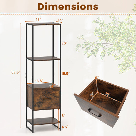 5-Tier Narrow Bookcase with 4 Open Shelves and Storage Drawer-Rustic Brown