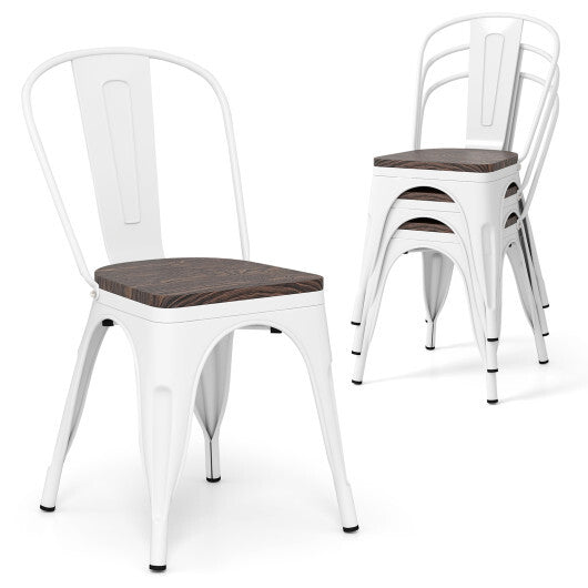 Metal Dining Chairs Set of 4 Stackable Kitchen Side Chairs with Wood Seat and Detachable High Backrest-White