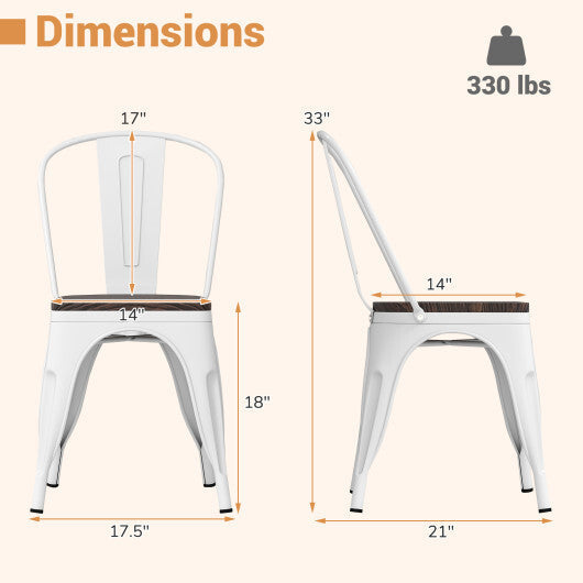 Metal Dining Chairs Set of 4 Stackable Kitchen Side Chairs with Wood Seat and Detachable High Backrest-White