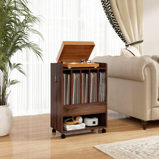 Record Rolling Turntable Player Stand with Drawer-White