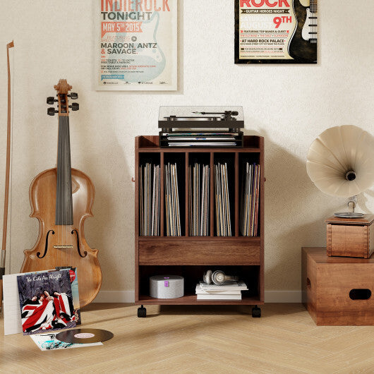 Record Rolling Turntable Player Stand with Drawer-White
