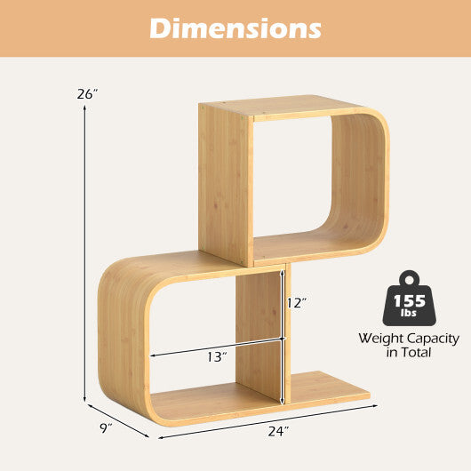 2-Tier S-Shaped Bamboo Bookcase with 2 Open Cubes for Living Room-Natural