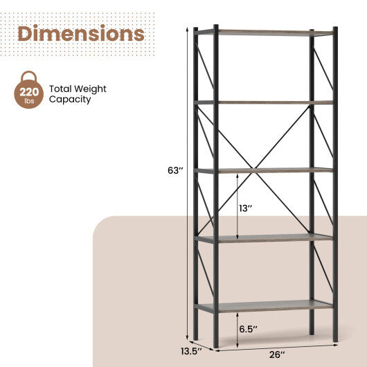 5-Tier Bookshelf with Open Shelves and Heavy Duty Metal Frame-Rustic Brown