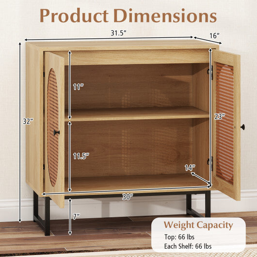 Buffet Cabinet Rattan Storage Cabinet with 2 Doors and Adjustable Shelf-Natural