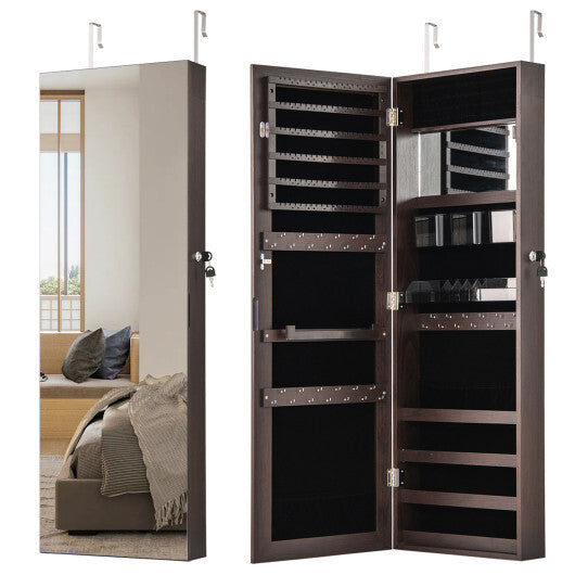 43.5 Inch Jewelry Mirror Cabinet with Full-length Mirror and Adjustable Hangers-Rustic Brown