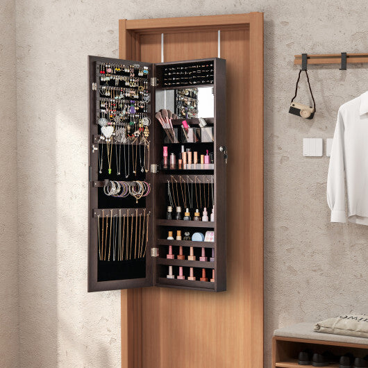 43.5 Inch Jewelry Mirror Cabinet with Full-length Mirror and Adjustable Hangers-Rustic Brown
