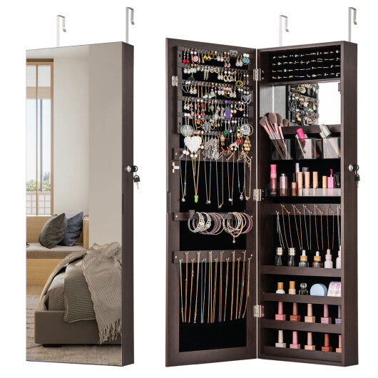 43.5 Inch Jewelry Mirror Cabinet with Full-length Mirror and Adjustable Hangers-Rustic Brown