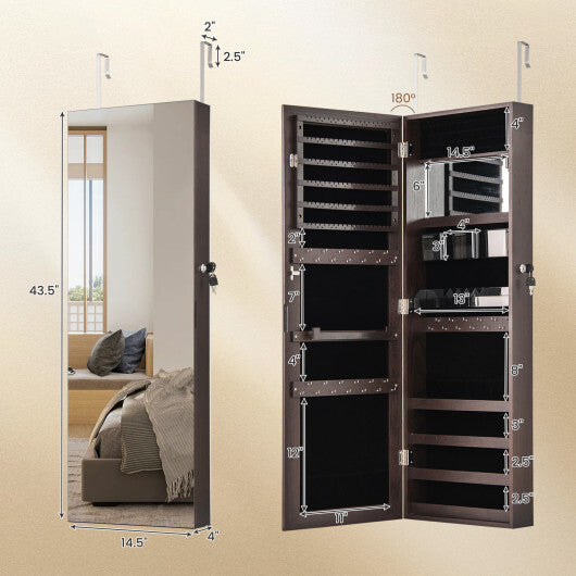 43.5 Inch Jewelry Mirror Cabinet with Full-length Mirror and Adjustable Hangers-Rustic Brown