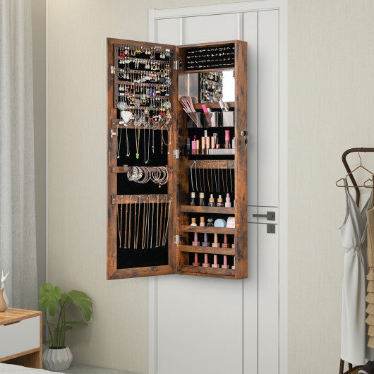 43.5 Inch Jewelry Mirror Cabinet with Full-length Mirror and Adjustable Hangers-Rustic Brown