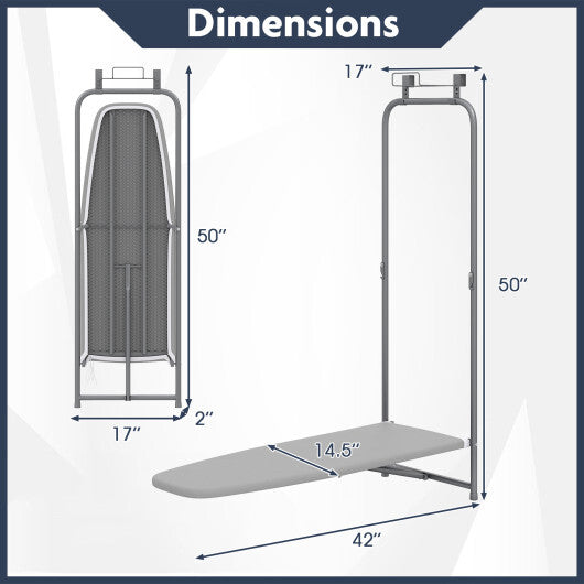 Over the Door Ironing Board Space-Saving Metal Hanging Ironing Board-Gray